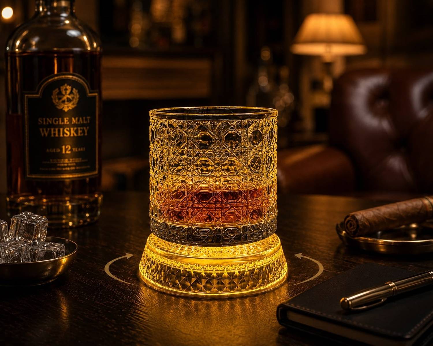 IndElite Luxury Rotating Crystal Cut Spinning Whisky Glass with LED Light Coaster Premium Glass Set Whisky Glass — Accessories