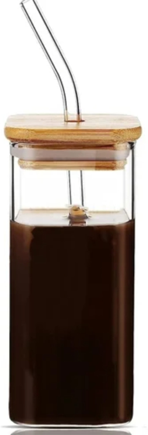 Image of SERA (Pack of 2) Glass Sipper Square Mason Jar /Glass /Mug with Straw 350ml Pack of 2 Glass Water /Juice Glass