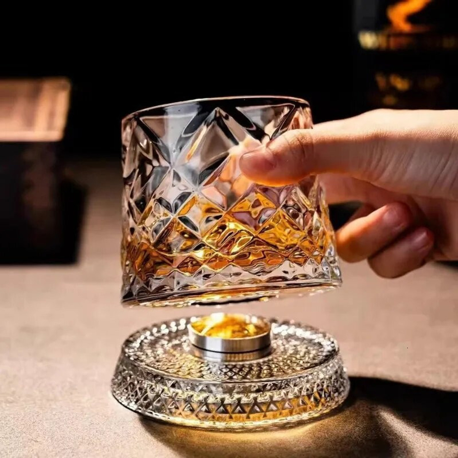 Image of glassco (Pack of 2) Luxury Rotating Crystal Cut Spinning Whisky Glass with Light Coaster set of 2 Glass Set Whisky Glass