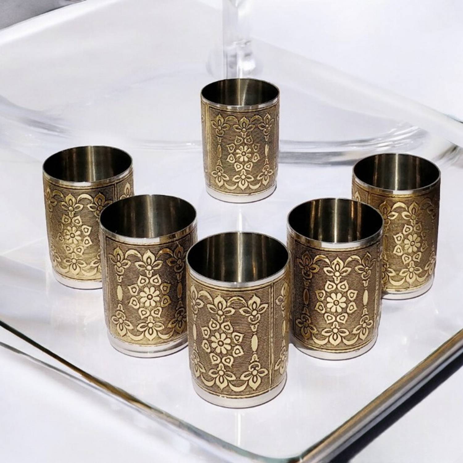 9Up (Pack of 6) Stainless Steel 250 Ml Golden Handicraft glass Glass Set Water/Juice Glass