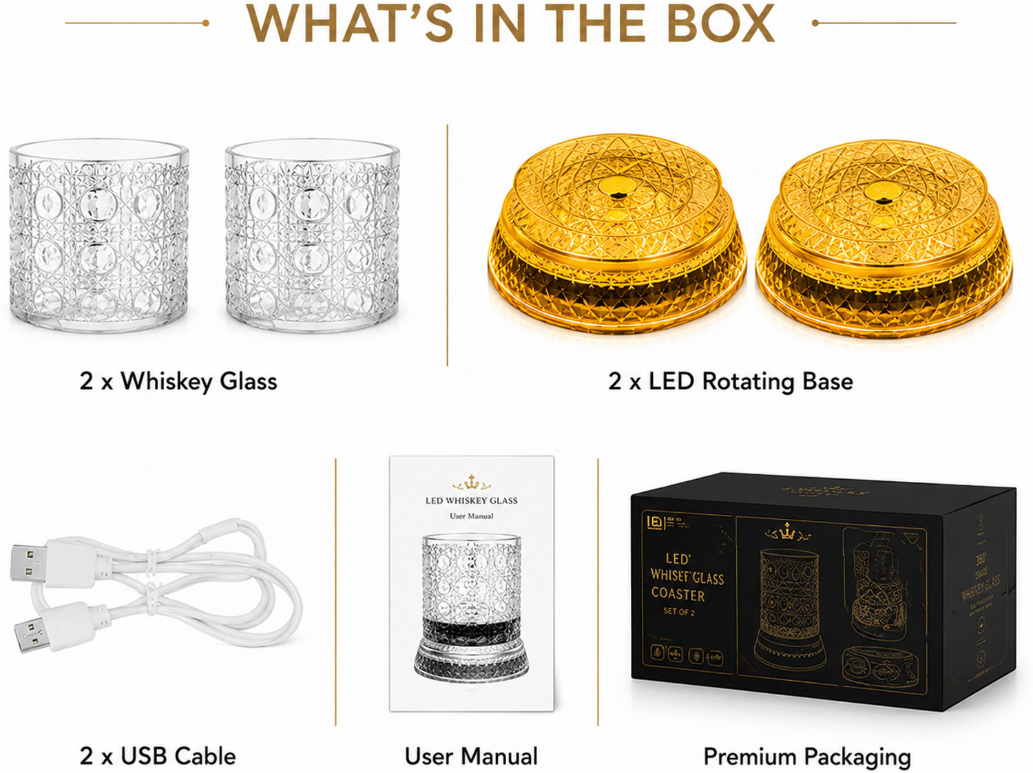 Image of glassco (Pack of 2) Luxury Rotating Crystal Cut Spinning Whisky Glass with Light Coaster set of 2 Glass Set Whisky Glass