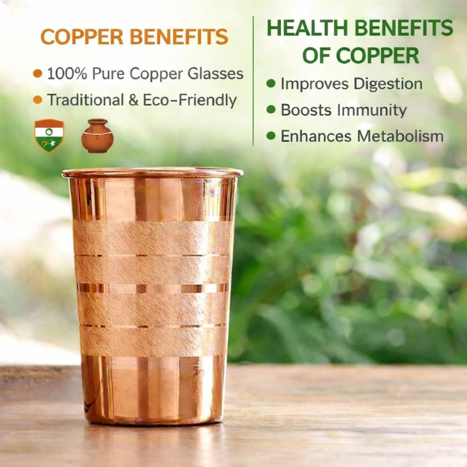 Image of RNova Craft 100 %Pure Copper Glass for Drinking Water | Ayurvedic Tamra Jal Tumbler Glass Water /Juice Glass