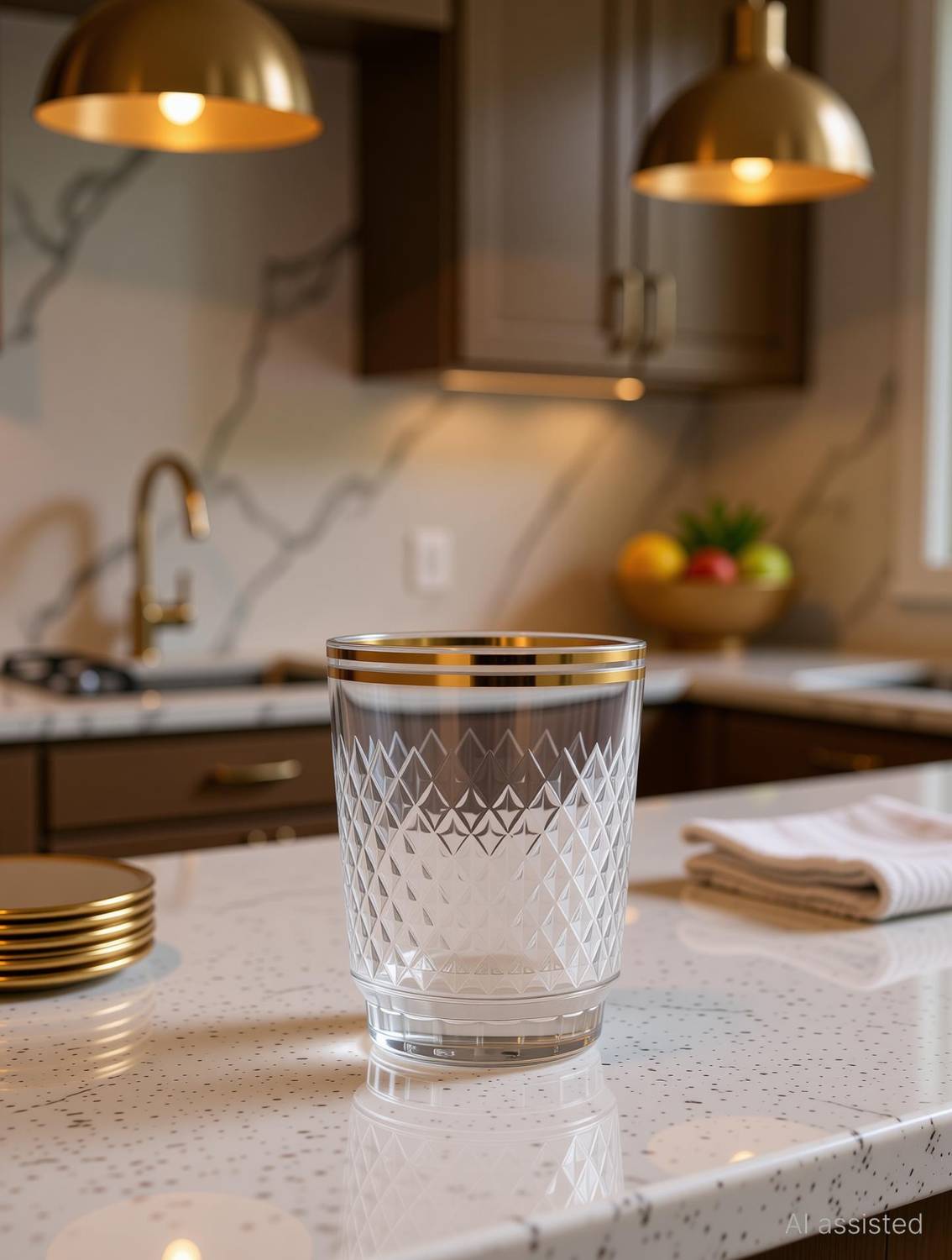 aadhya international (Pack of 6) Clear Plastic Tumbler Glass with Hobnail Design & Gold Rim Glass Set Water/Juice Glass