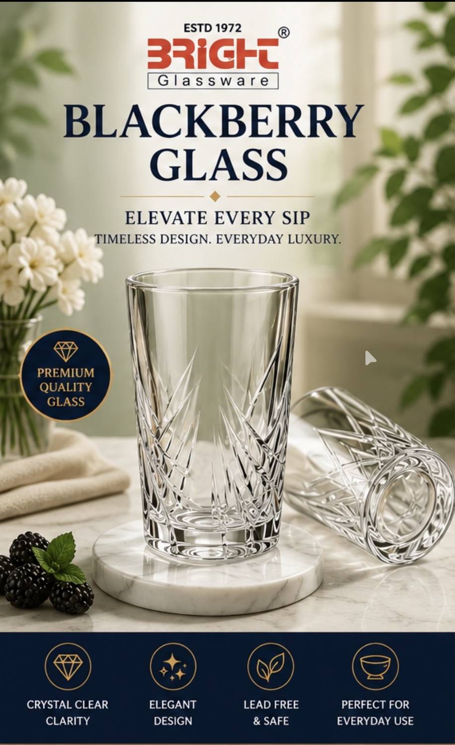 BRIGHT GLASSWARE (Pack of 6) BLACKBERRY GLASS Glass Set Water/Juice Glass