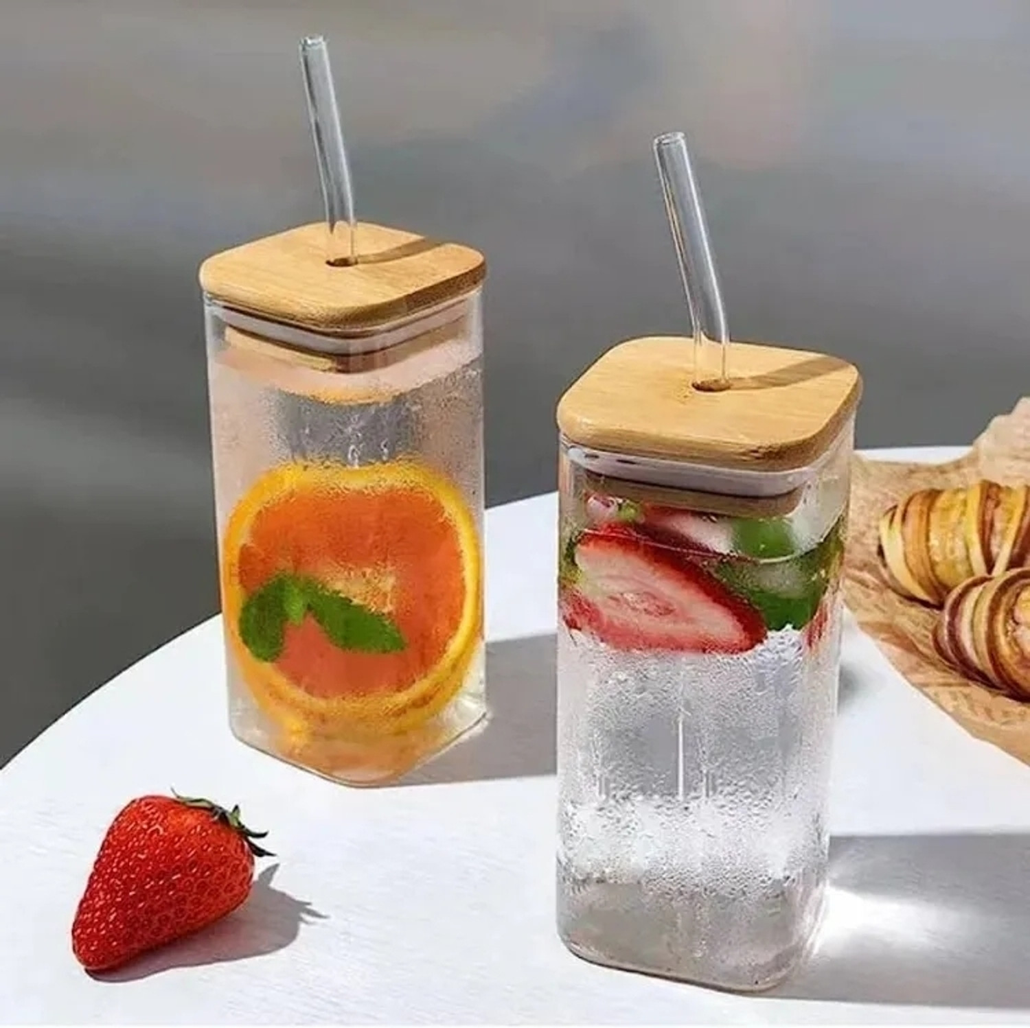 Image of SERA (Pack of 2) Glass Sipper Square Mason Jar /Glass /Mug with Straw 350ml Pack of 2 Glass Water /Juice Glass
