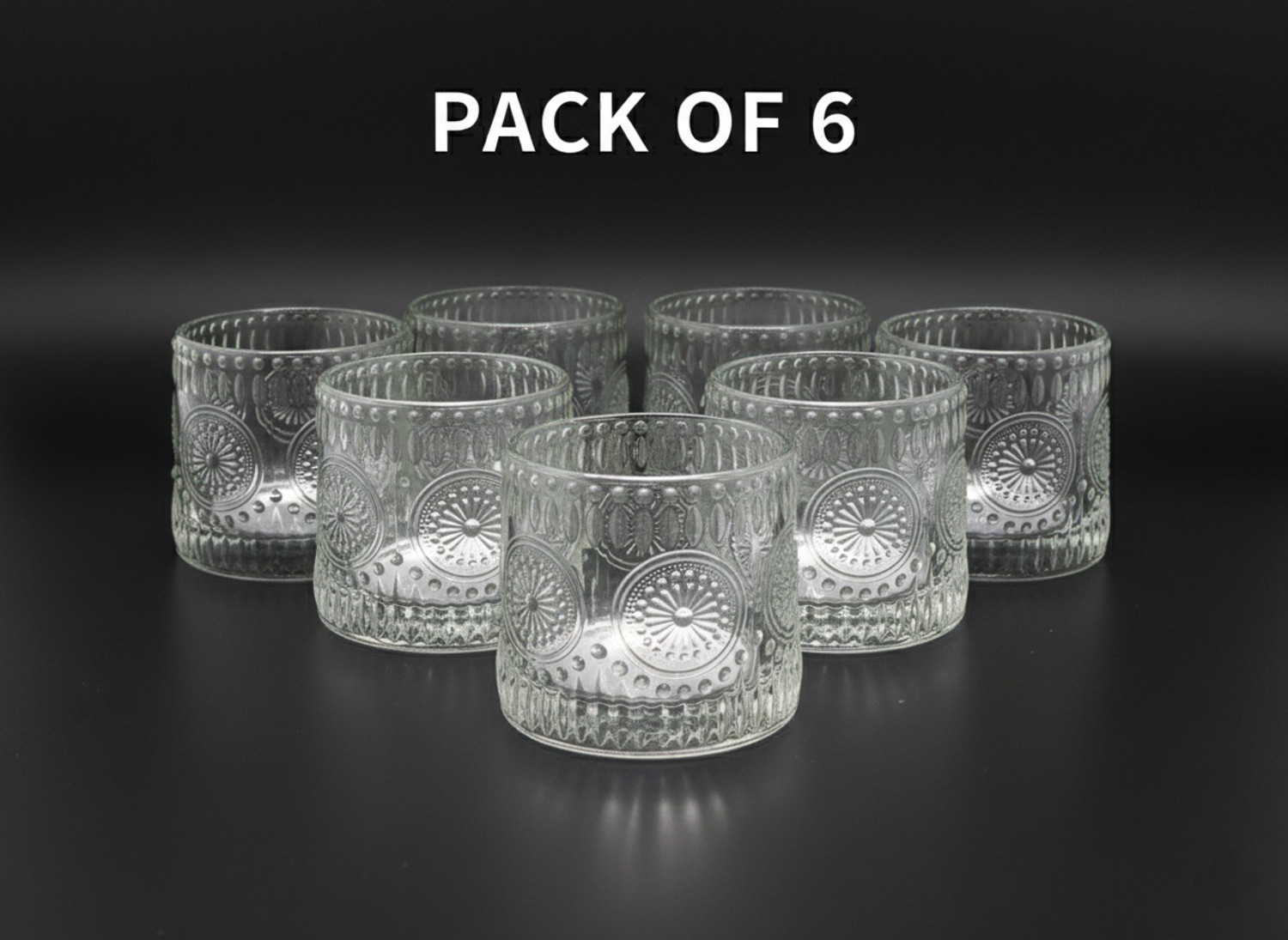 Image of Scalora (Pack of 6) Pack of 6 Premium Embossed Glass Tumblers | Heavy Base Whiskey & Water Glass Set Glass Set Whisky Glass
