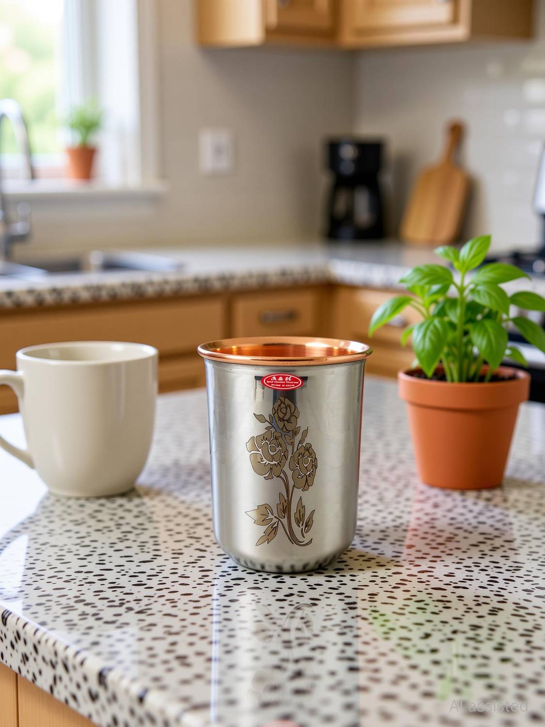 A&H (Pack of 6) Designer Floral Laser Design Copper Steel Glasses Tumbler Set (220 ml Each) Set of 6 pcs Glass Set Water/Juice Glass