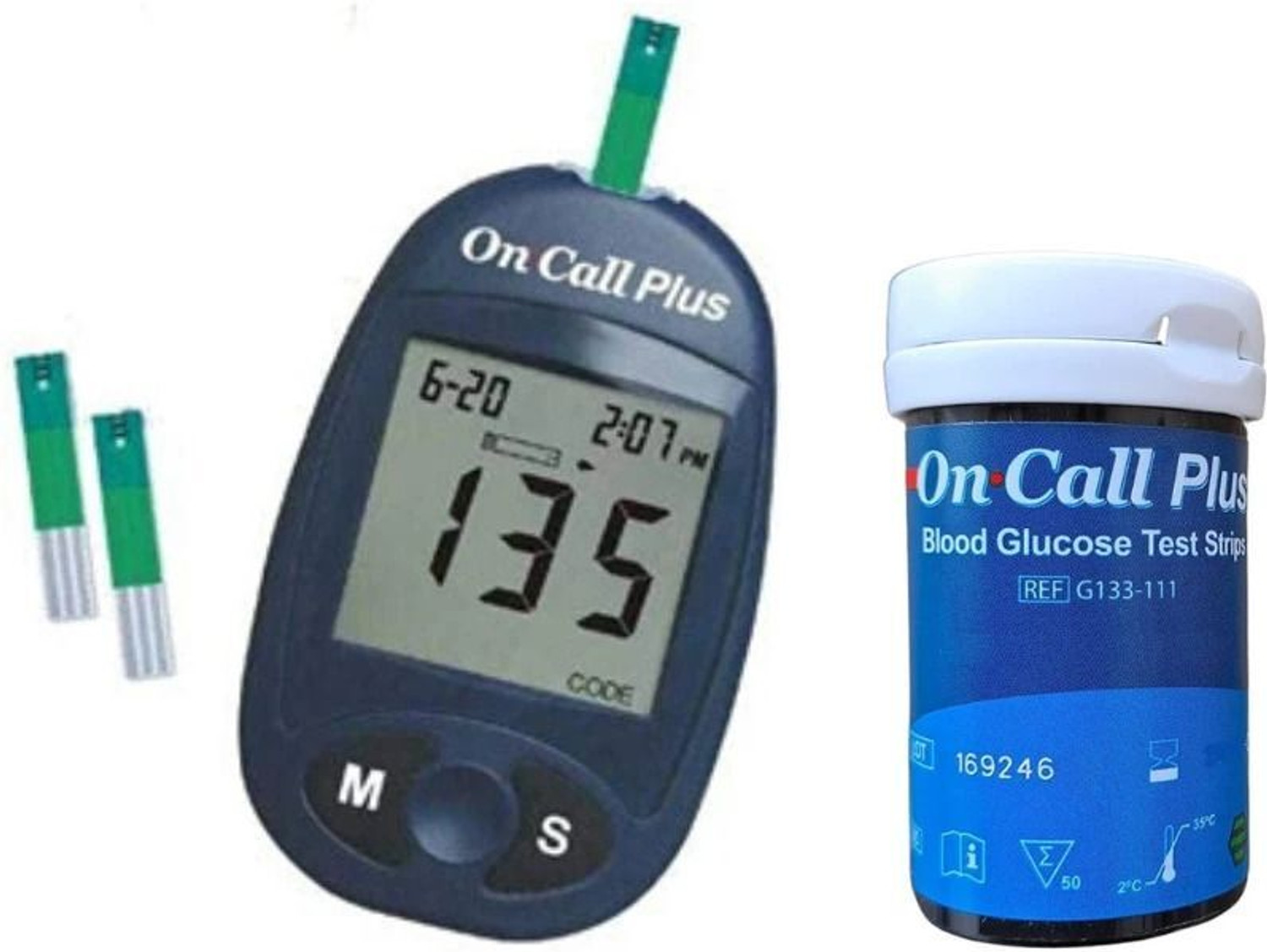 Image of On Call Plus GLUCOMETER WITH BATTERY,20 PCS LANCETS,1 LANCING DEVICE,100 STRIPS- 100 Glucometer Strips
