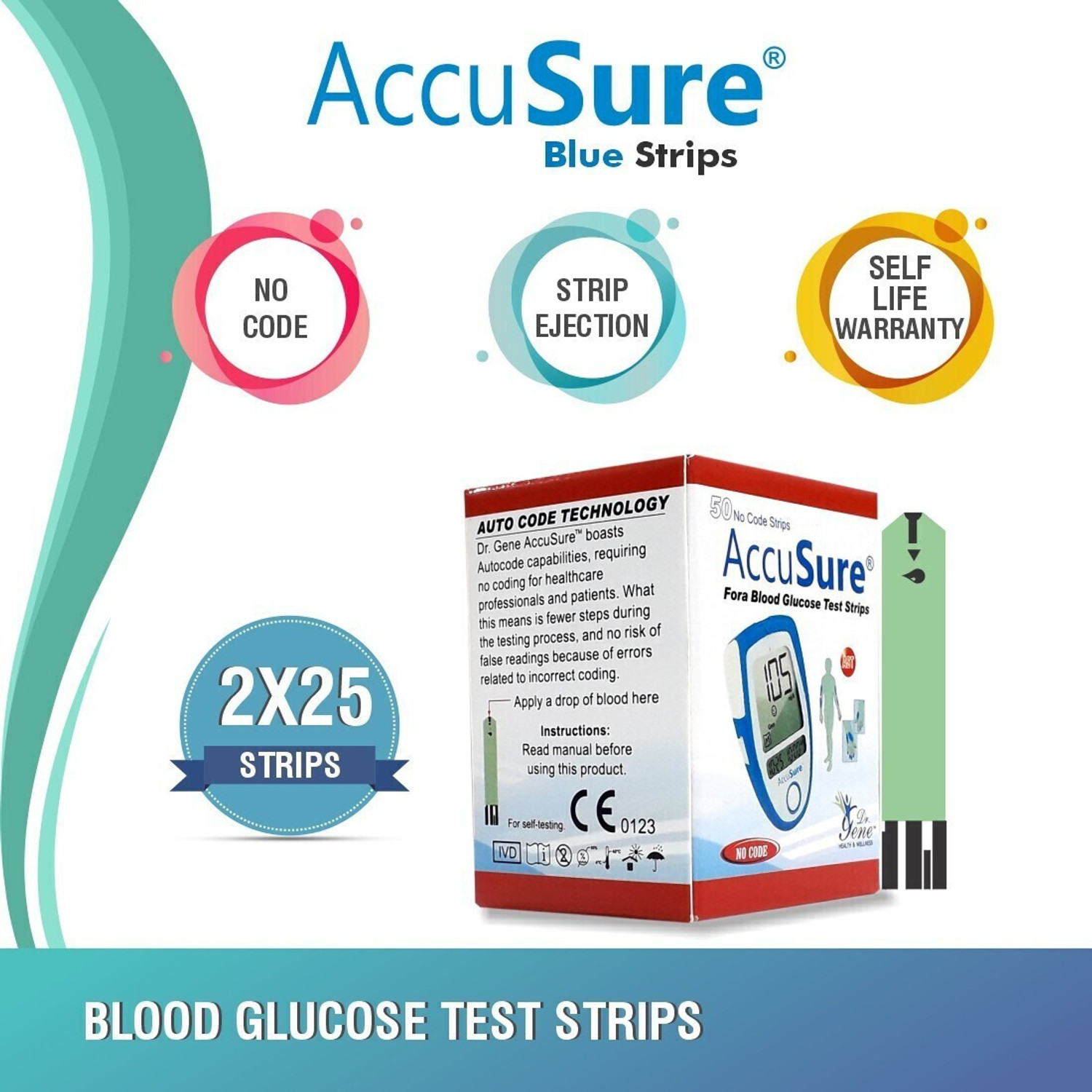 Image of AccuSure Blue Test Strips ,Pack of 1 | 50 Glucometer Strips 50 Glucometer Strips