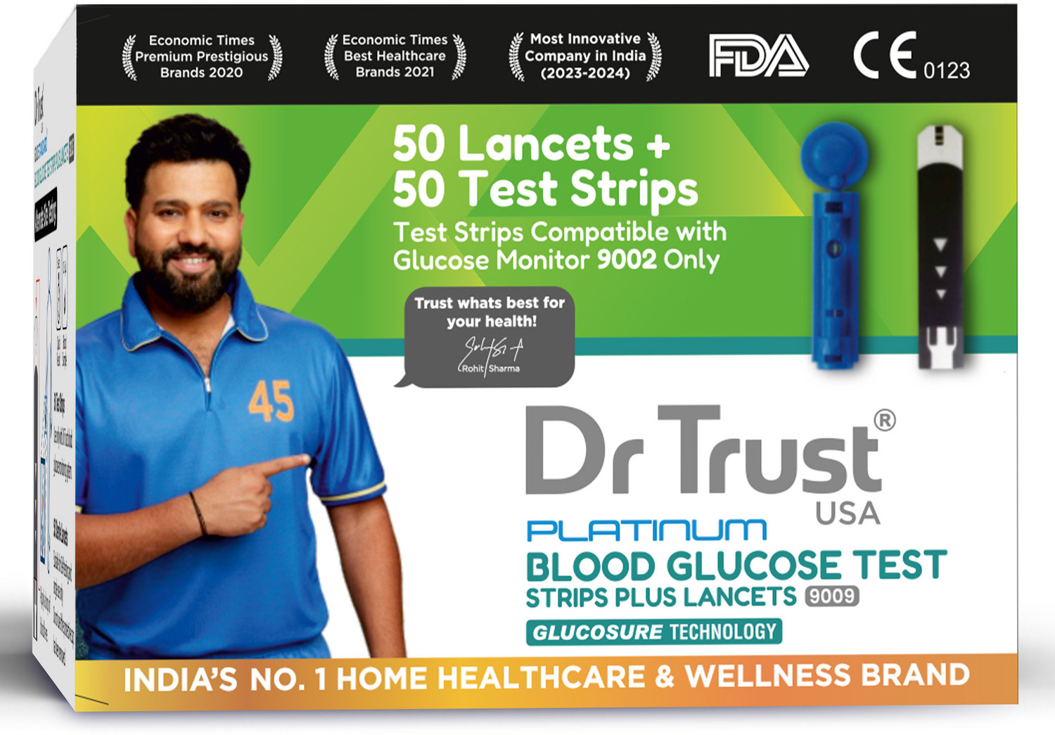 Image of Dr Trust USA Blood Glucose Test Kit, Compatible with 9002 Model, 50 Lancets with 50 Glucometer Strips