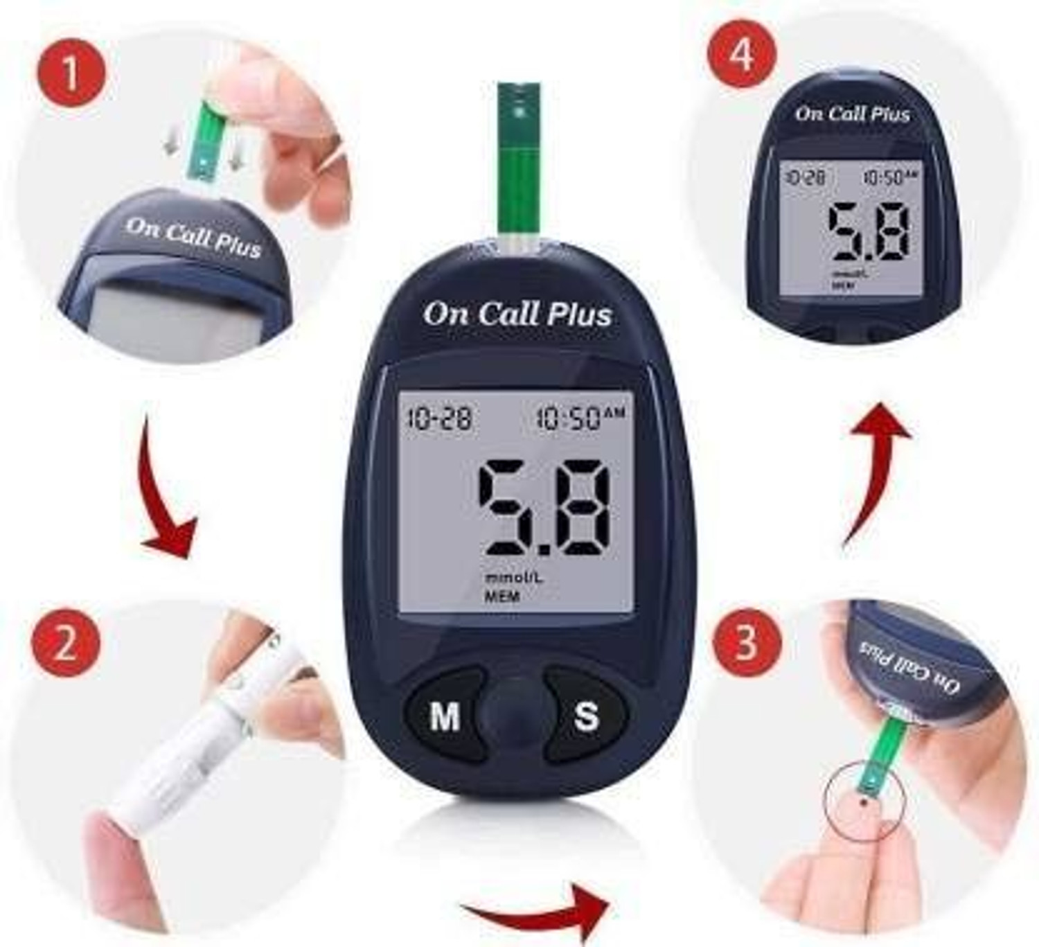 Image of On Call Plus GLUCOMETER WITH BATTERY,20 PCS LANCETS,1 LANCING DEVICE,100 STRIPS- 100 Glucometer Strips