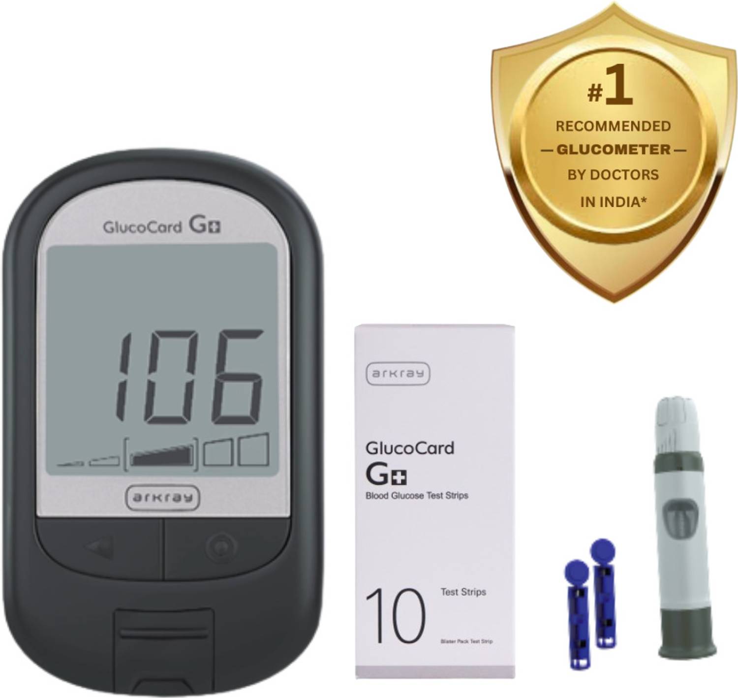 Arkray GlucoCard G+ Diabetes Kit – Made in India, 10 Strips, 25 Lancets, No Coding Glucometer