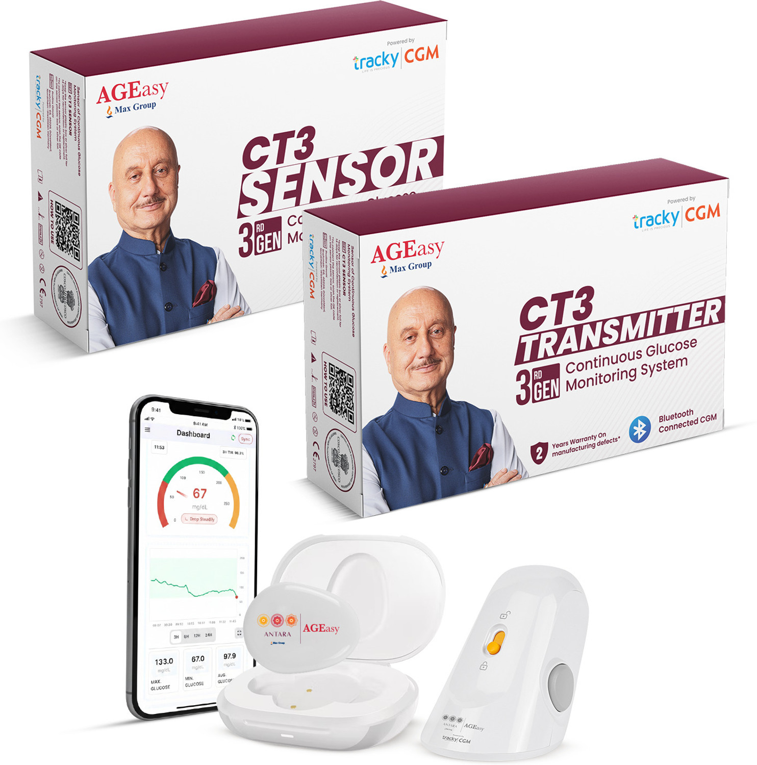Image of AGEasy (Max Group) CGM Sensor & Transmitter, Continuous Sugar Test Machine Kit-14Days, Glucometer