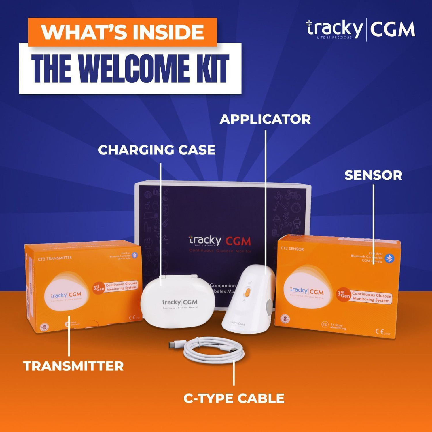 Image of Tracky CGM Continuous Glucose Monitor New User Kit For real-time Blood Sugar Monitoring Glucometer