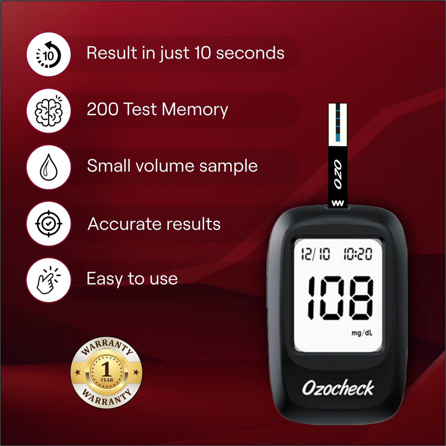 Image of Ozocheck Truesense Fully Automatic Blood Sugar Testing Machine with 100 Strips Glucometer