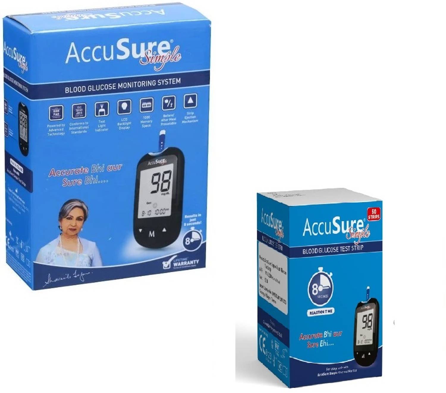 AccuSure Simple Blood sugar Glucose monitoring system machine including 50 Test Strips Glucometer