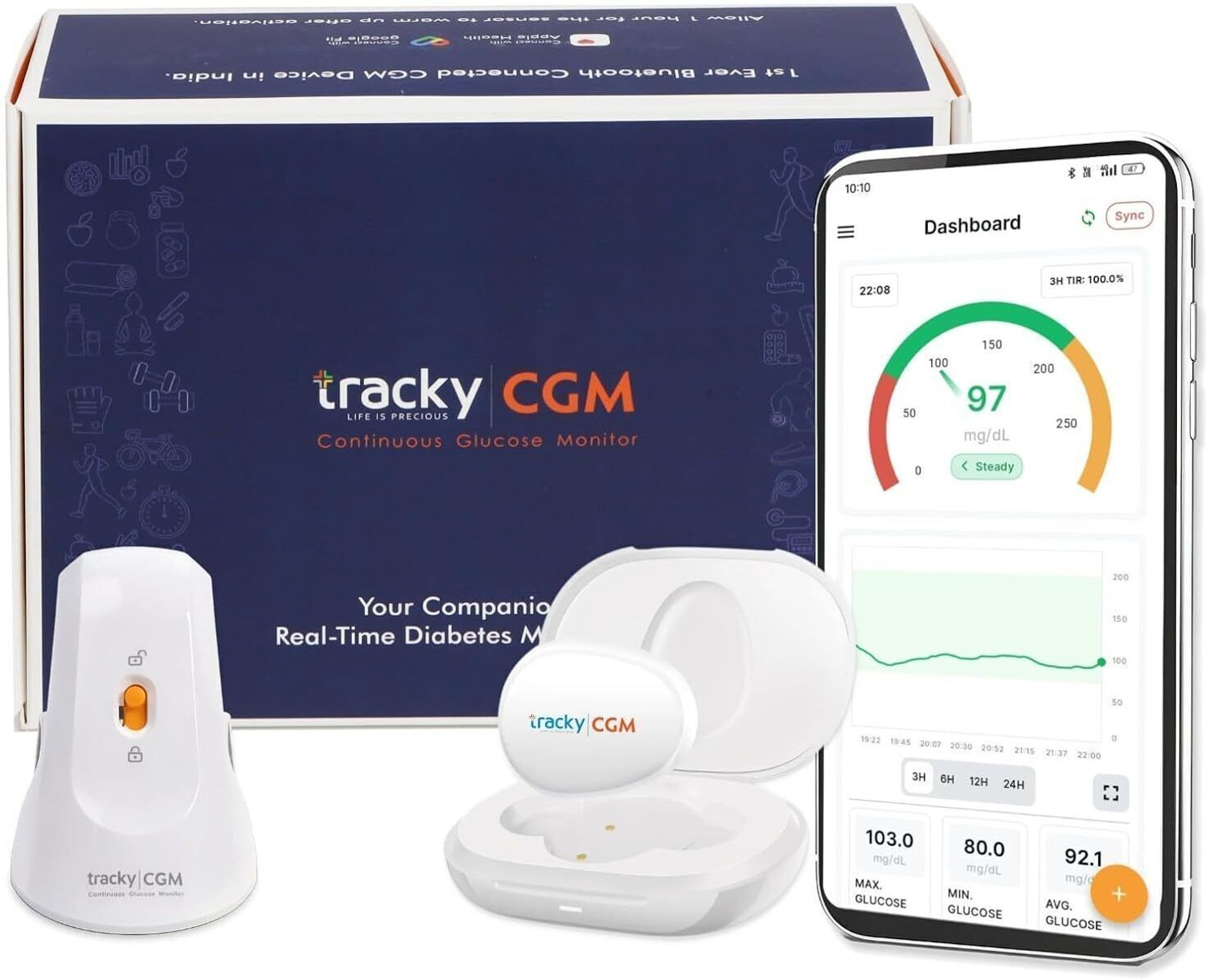 Image of Tracky CGM Continuous Glucose Monitor New User Kit For real-time Blood Sugar Monitoring Glucometer