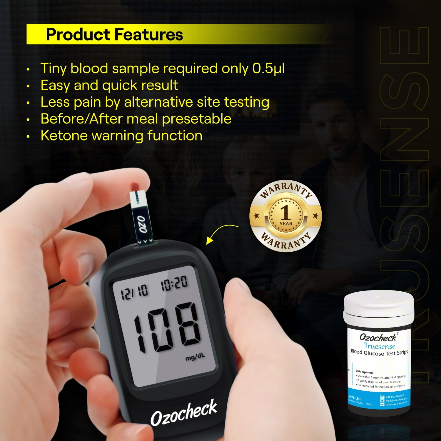 Image of Ozocheck Truesense Fully Automatic Blood Sugar Testing Machine with 100 Strips Glucometer