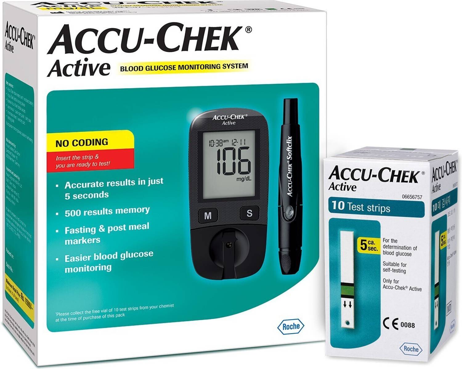 ACCU-CHEK Active Glucose Monitor with 10 Strips Glucometer (Black