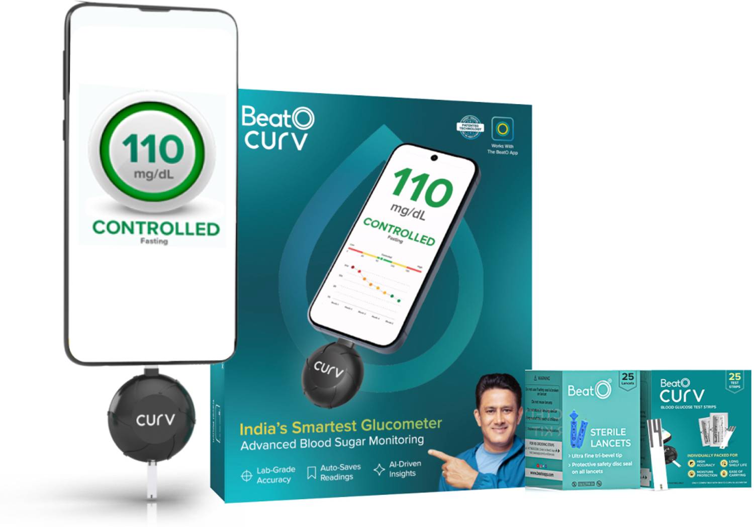 BeatO CURV Smartphone Sugar Test Machine with 25 Strips & 25 La