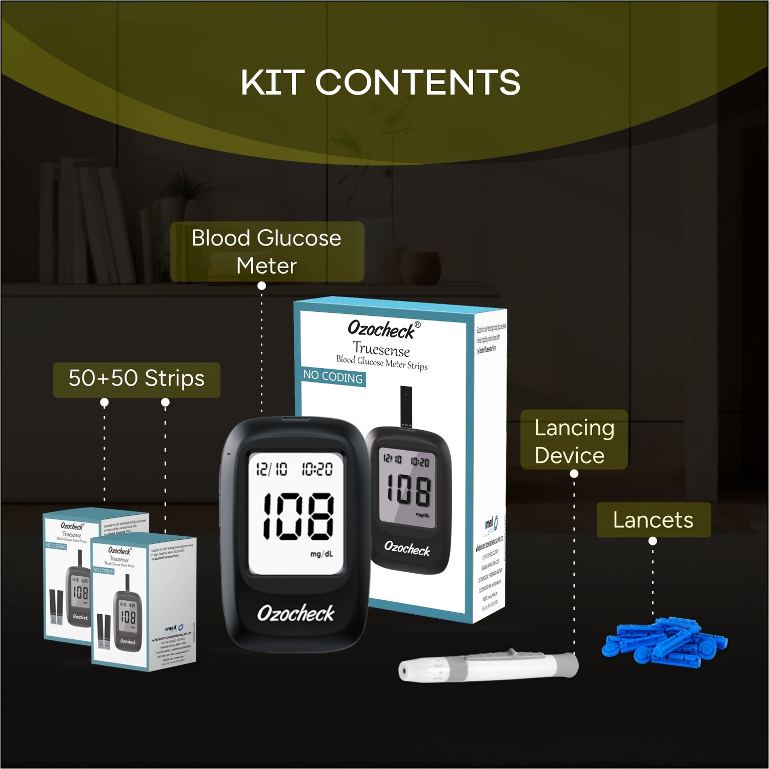 Image of Ozocheck Truesense Fully Automatic Blood Sugar Testing Machine with 100 Strips Glucometer