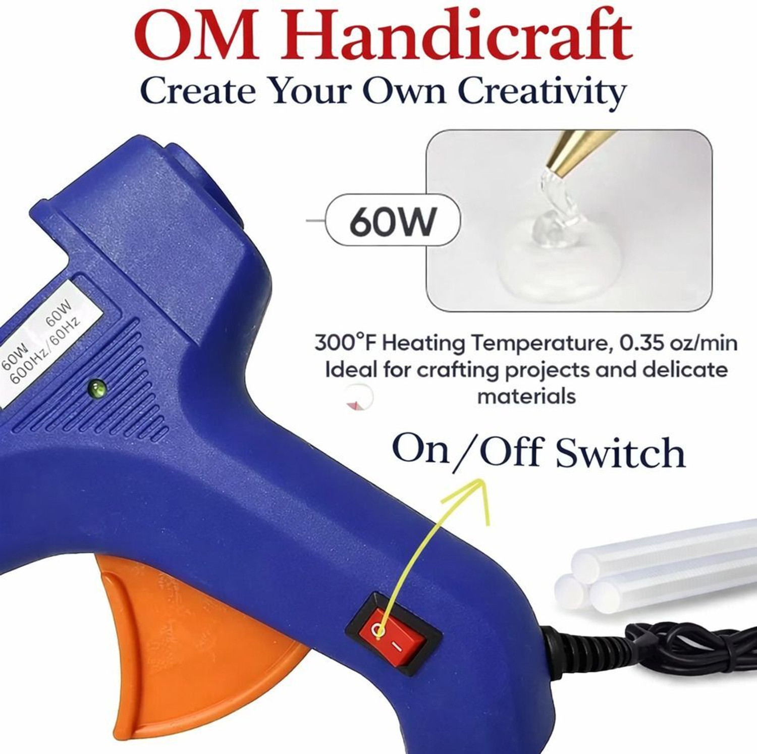 Image of Om handicraft Hot Melt Glue Gun (60W) with 10 Glue Sticks | Fast Heating Electric Standard Temperature Corded Glue Gun