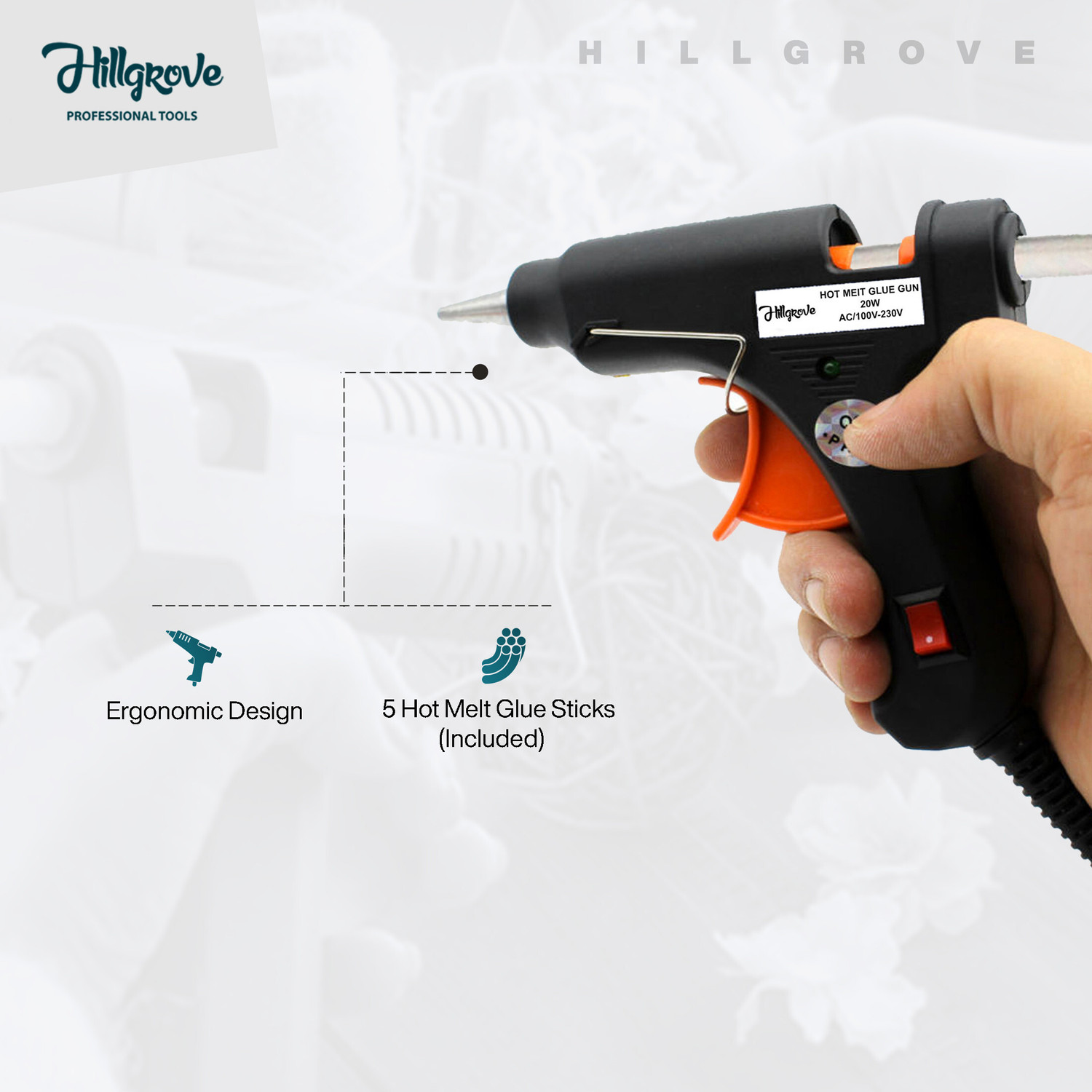 Image of Hillgrove HGCM1325M1 20W Hot Glue Gun With 5Pcs Melt Glue Sticks and Utility Knife Standard Temperature Corded Glue Gun