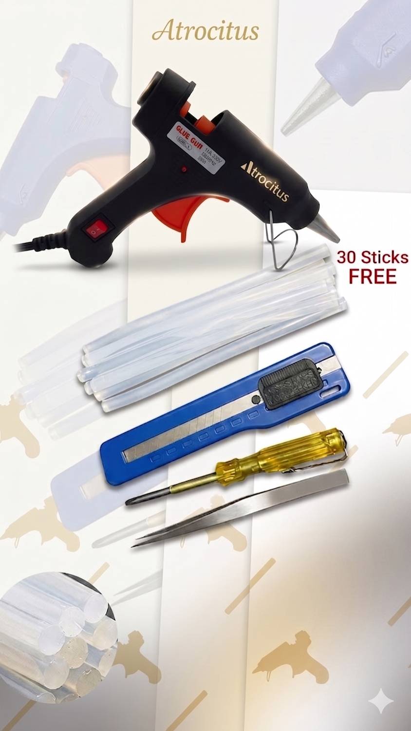 Atrocitus ATC026GT 20WGlue Gun With30Pcs Glue Stick,Tester,Tweezer& Utility Knife For Art Standard Temperature Corded Glue Gun