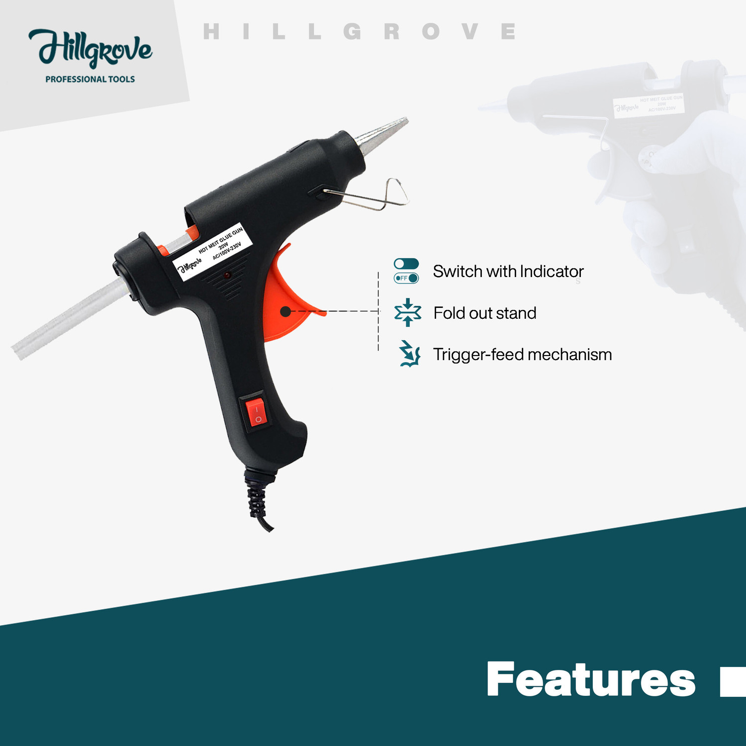 Image of Hillgrove HGCM1325M1 20W Hot Glue Gun With 5Pcs Melt Glue Sticks and Utility Knife Standard Temperature Corded Glue Gun