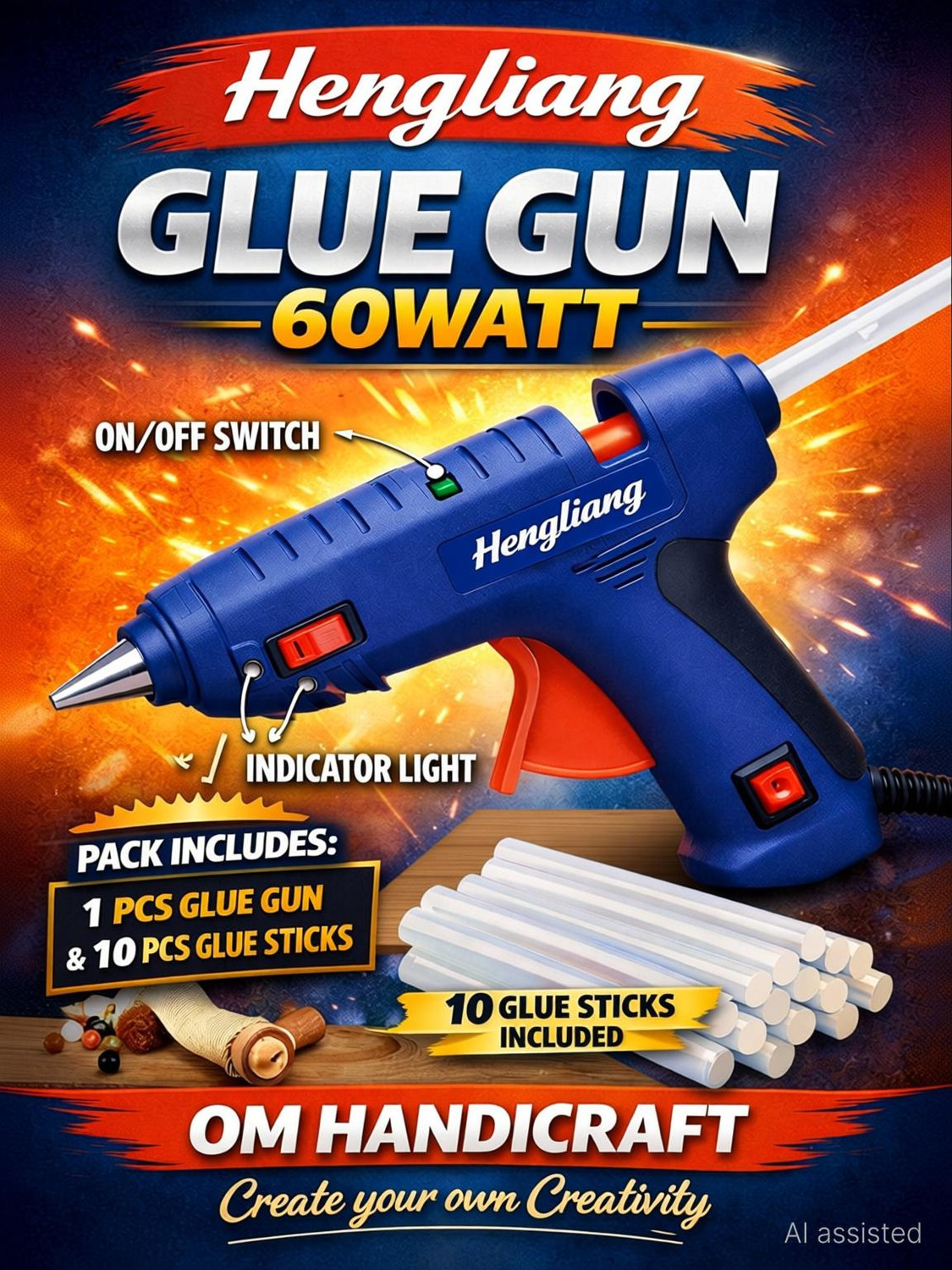 Image of Om handicraft Hot Melt Glue Gun (60W) with 10 Glue Sticks | Fast Heating Electric Standard Temperature Corded Glue Gun