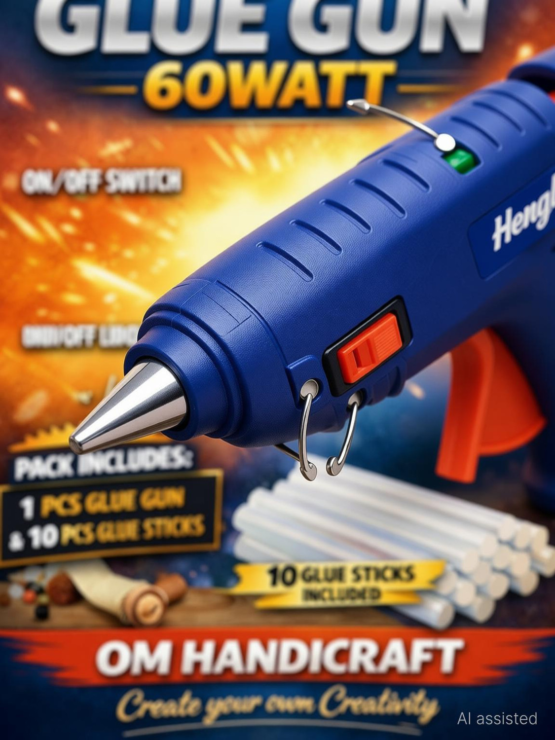 Image of Om handicraft Hot Melt Glue Gun (60W) with 10 Glue Sticks | Fast Heating Electric Standard Temperature Corded Glue Gun