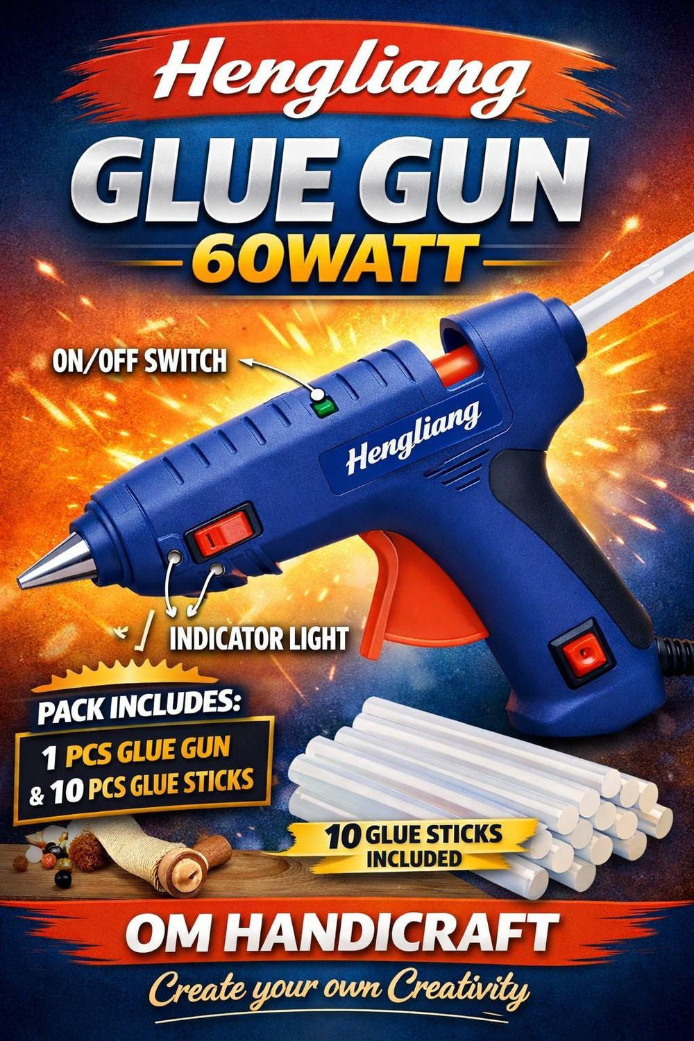 Image of Om handicraft Hot Melt Glue Gun (60W) with 10 Glue Sticks | Fast Heating Electric Standard Temperature Corded Glue Gun