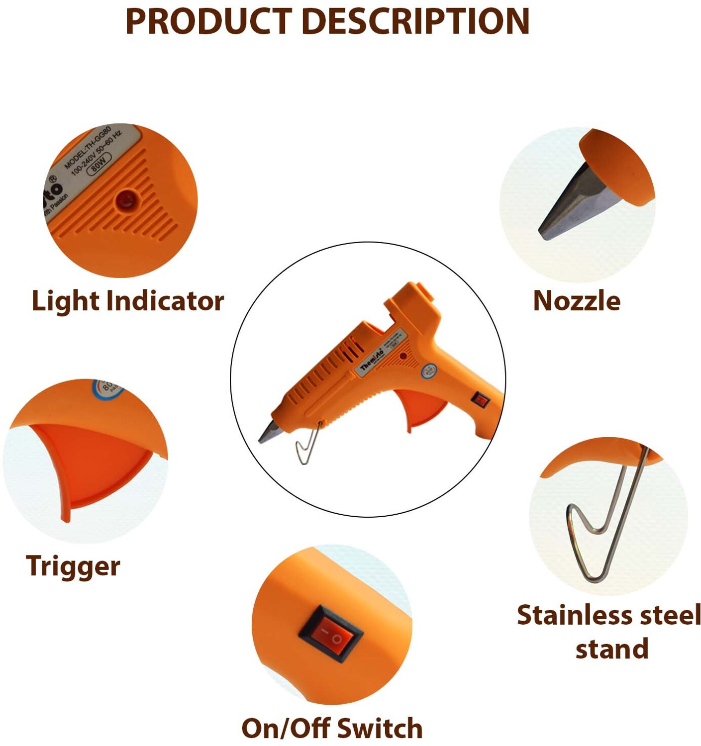 Image of tHemiStO 80W Hot melt Glue Gun with 5 Hot Melt Glue Sticks / With Triple Power Rapid Heating and Quick Melt Y80T05 Standard Temperature Corded Glue Gun