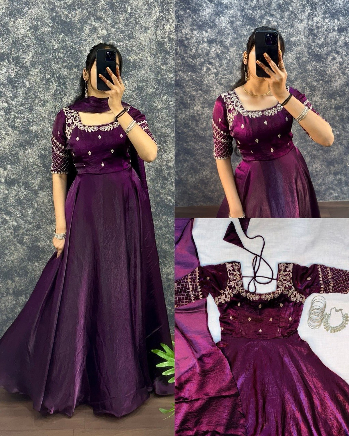 Image of Grista Embroidered Silk Blend Stitched Straight Gown (Purple)