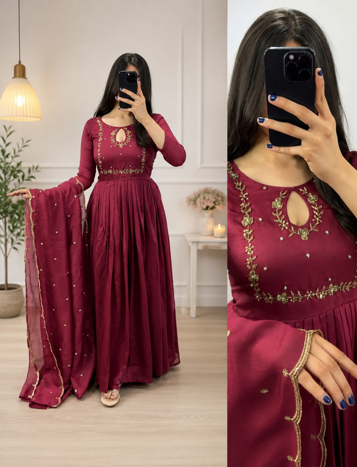 Image of KHODIYARCLOTHES Embellished, Solid Art Silk Stitched Anarkali Gown (Maroon)