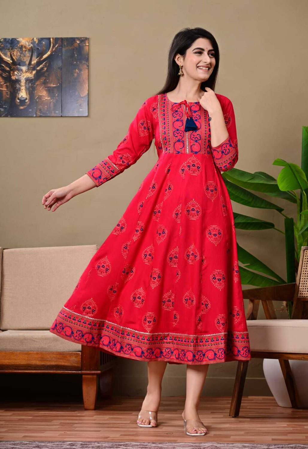 Image of SUNDAYKURTI Printed Cotton Blend Stitched Anarkali Gown (Maroon)