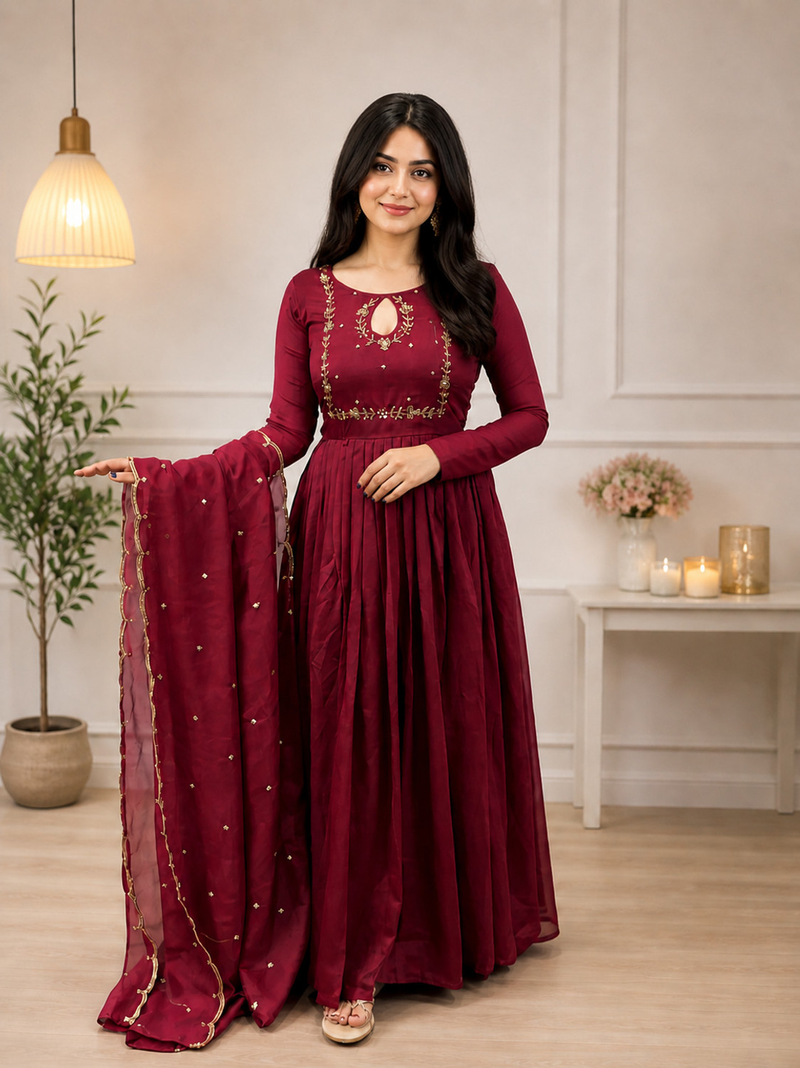 Image of KHODIYARCLOTHES Embellished, Solid Art Silk Stitched Anarkali Gown (Maroon)