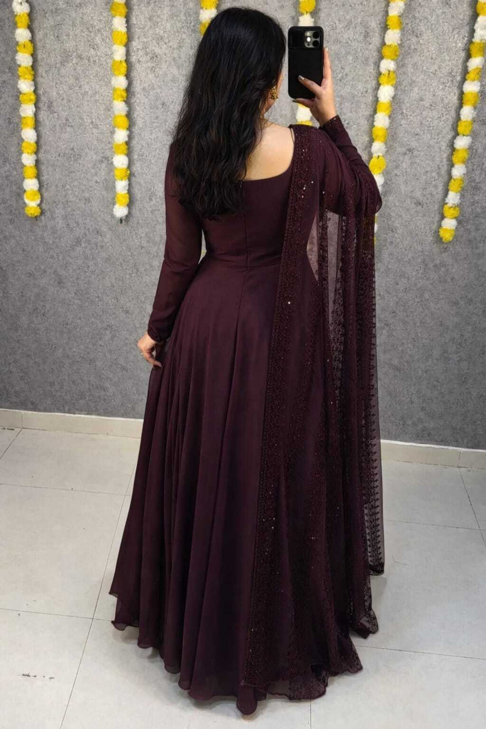 Image of jahanstylista Georgette Stitched Anarkali Gown (Maroon)
