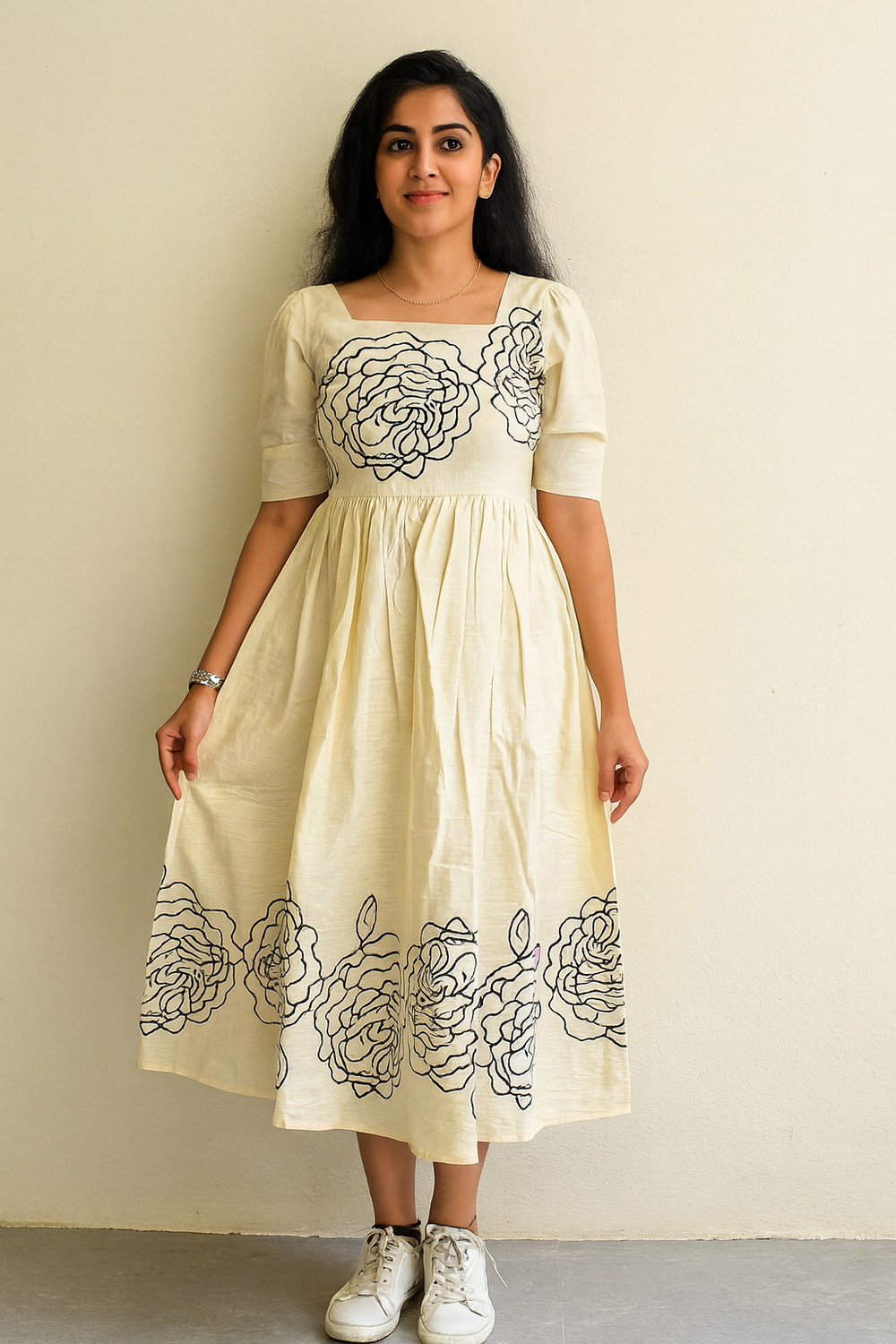 Image of GULGORSHI FASHION Women Fit and Flare Multicolor Midi /Calf Length Dress