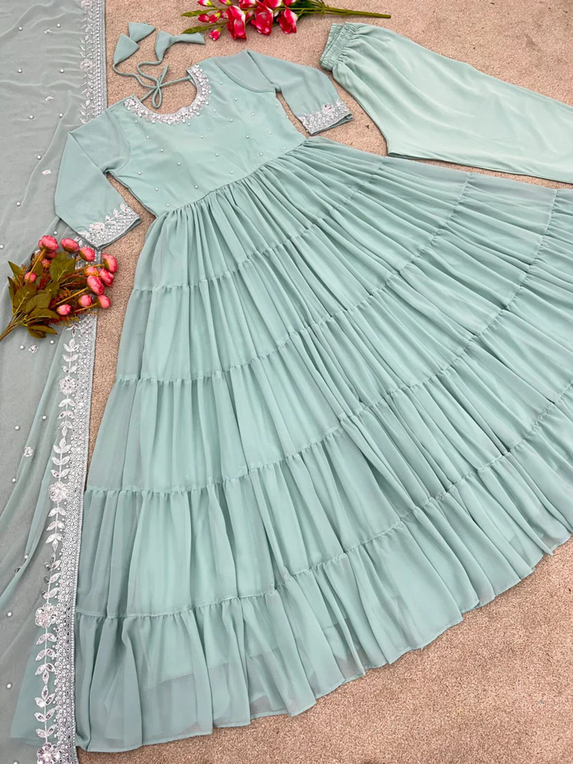 Image of HOUSE OF COMMON Embroidered Anarkali Kurta, Bottom & Dupatta Set