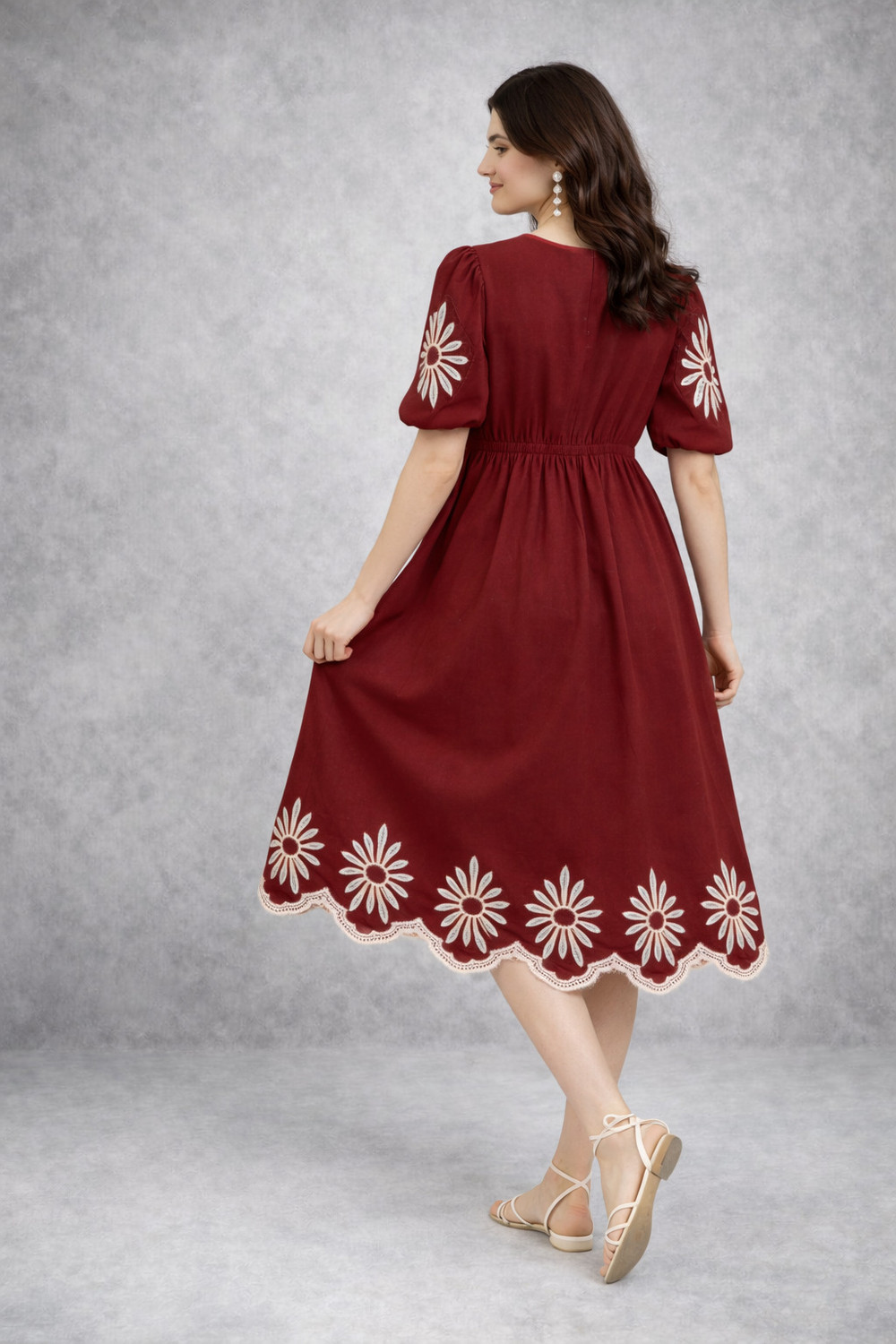 Image of tckty Women Fit and Flare Maroon Midi /Calf Length Dress