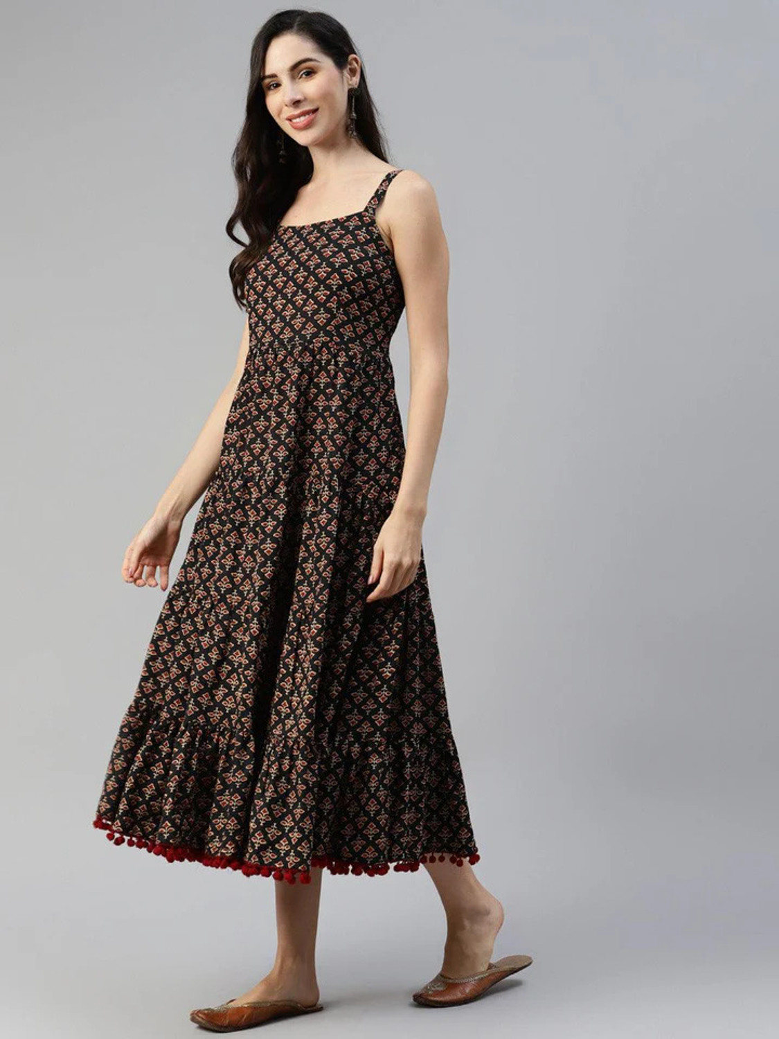Image of RILAKE Women Fit and Flare Brown Ankle Length Dress