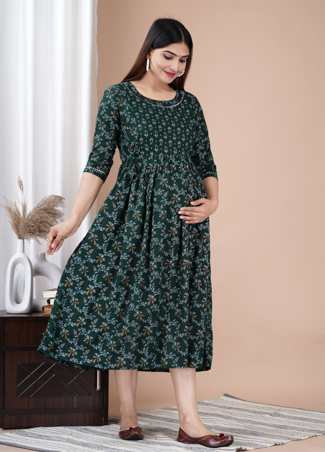 Image of Fashion4Word Women Fit and Flare Dark Green Midi /Calf Length Dress
