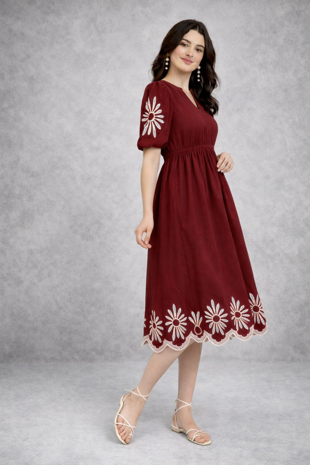 Image of tckty Women Fit and Flare Maroon Midi /Calf Length Dress