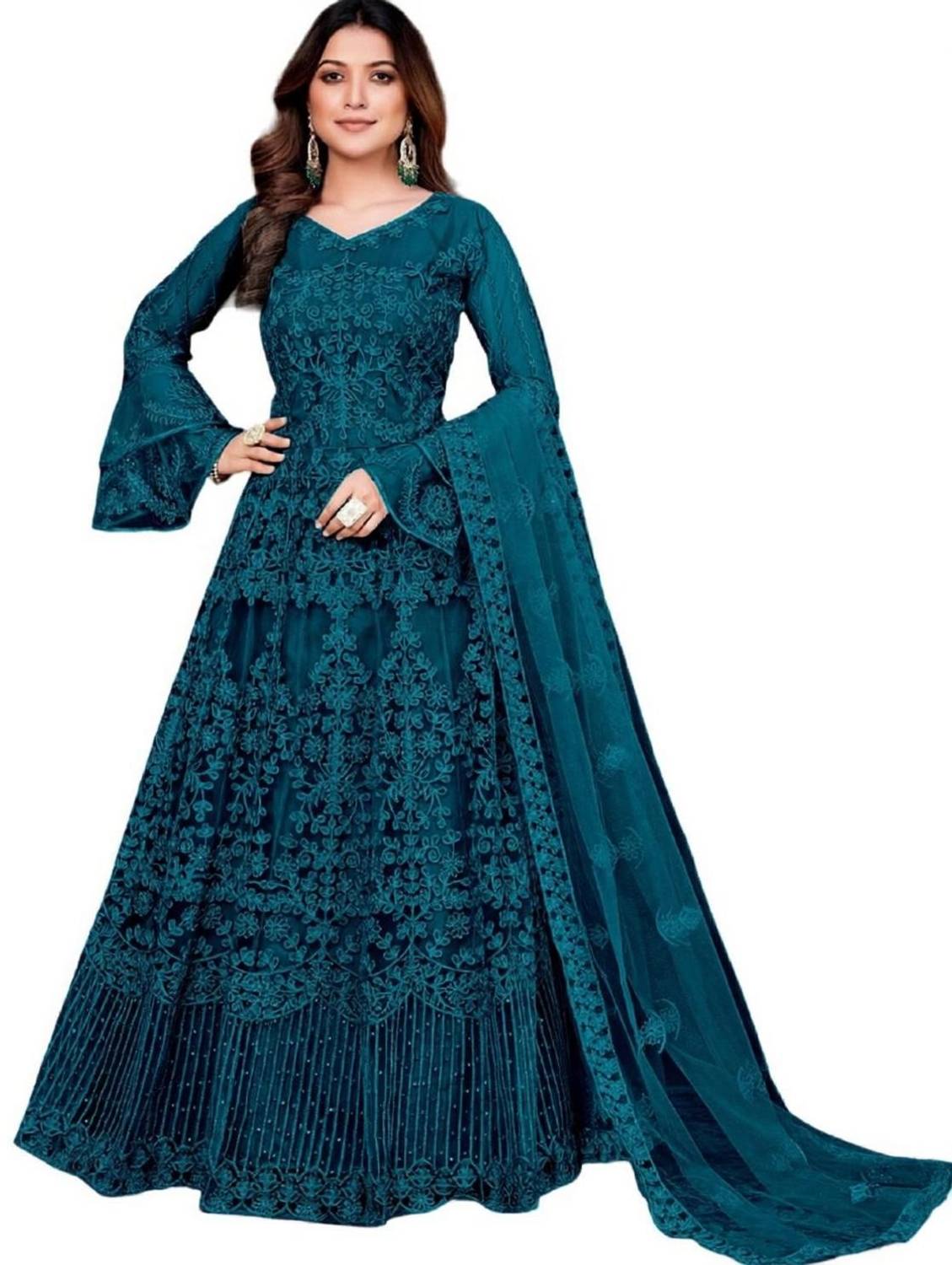 Apnisha Embroidered Net Semi Stitched Anarkali Gown