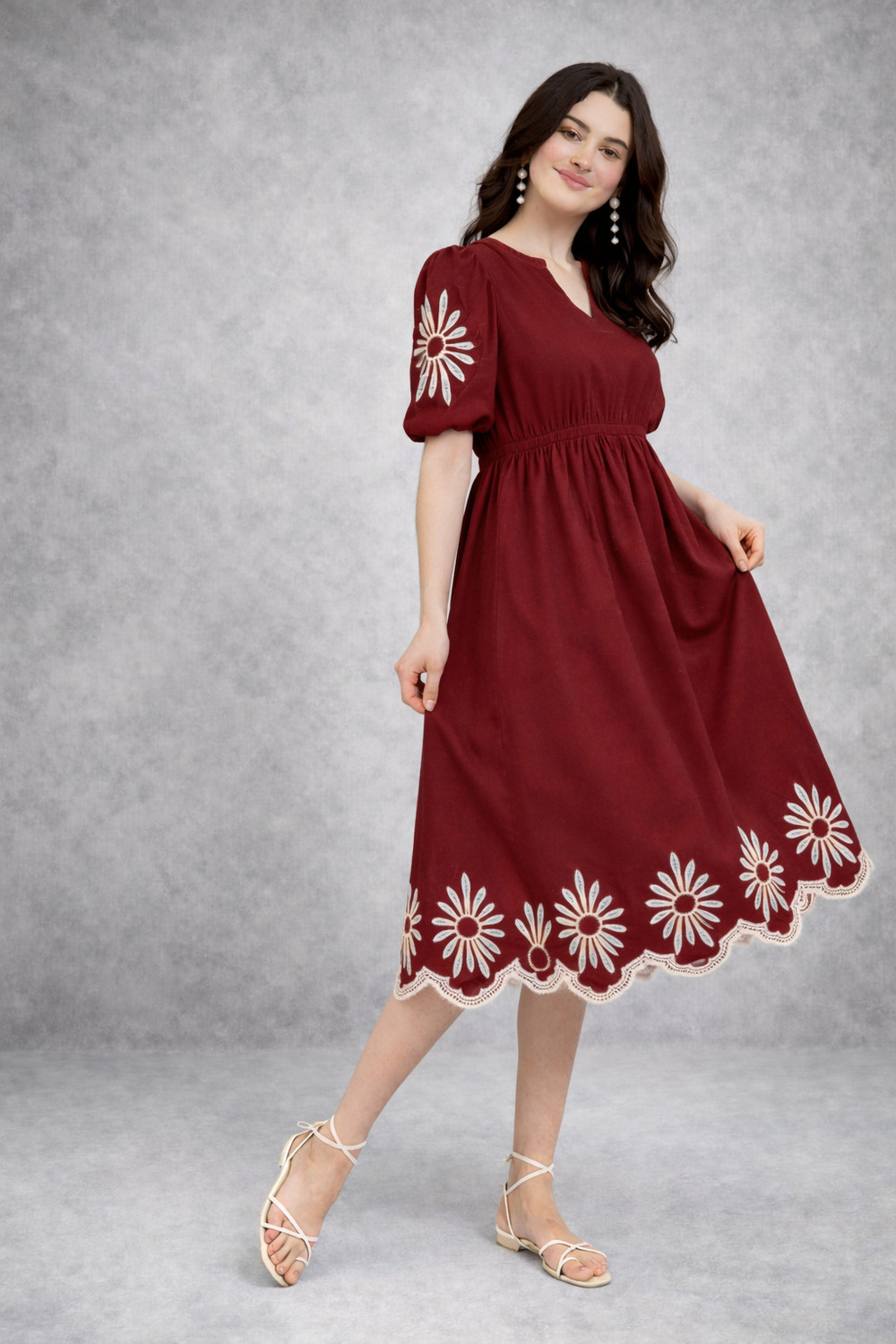 Image of tckty Women Fit and Flare Maroon Midi /Calf Length Dress