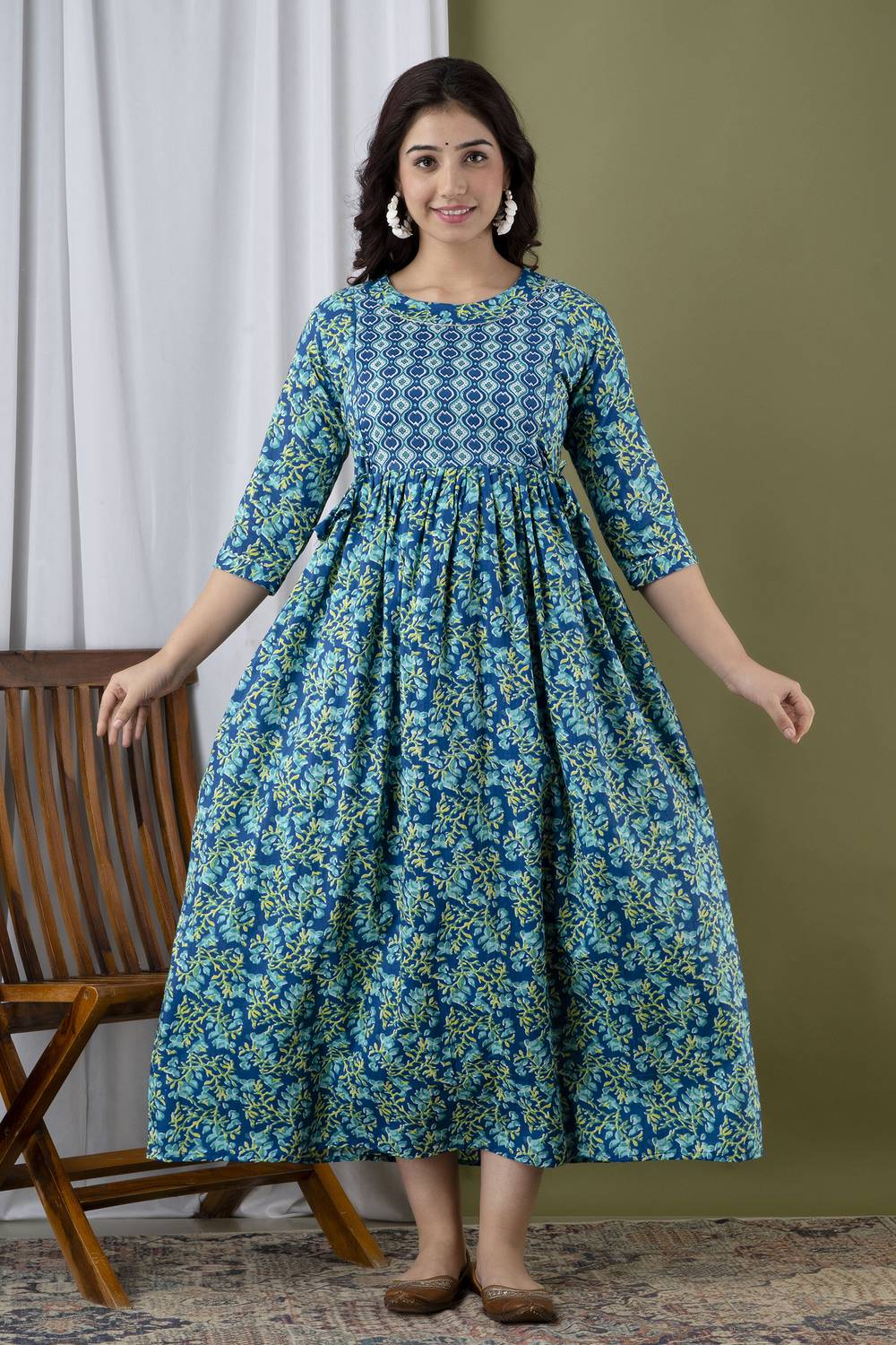 Madfury Women Printed Pure Cotton Anarkali Kurta (Blue)