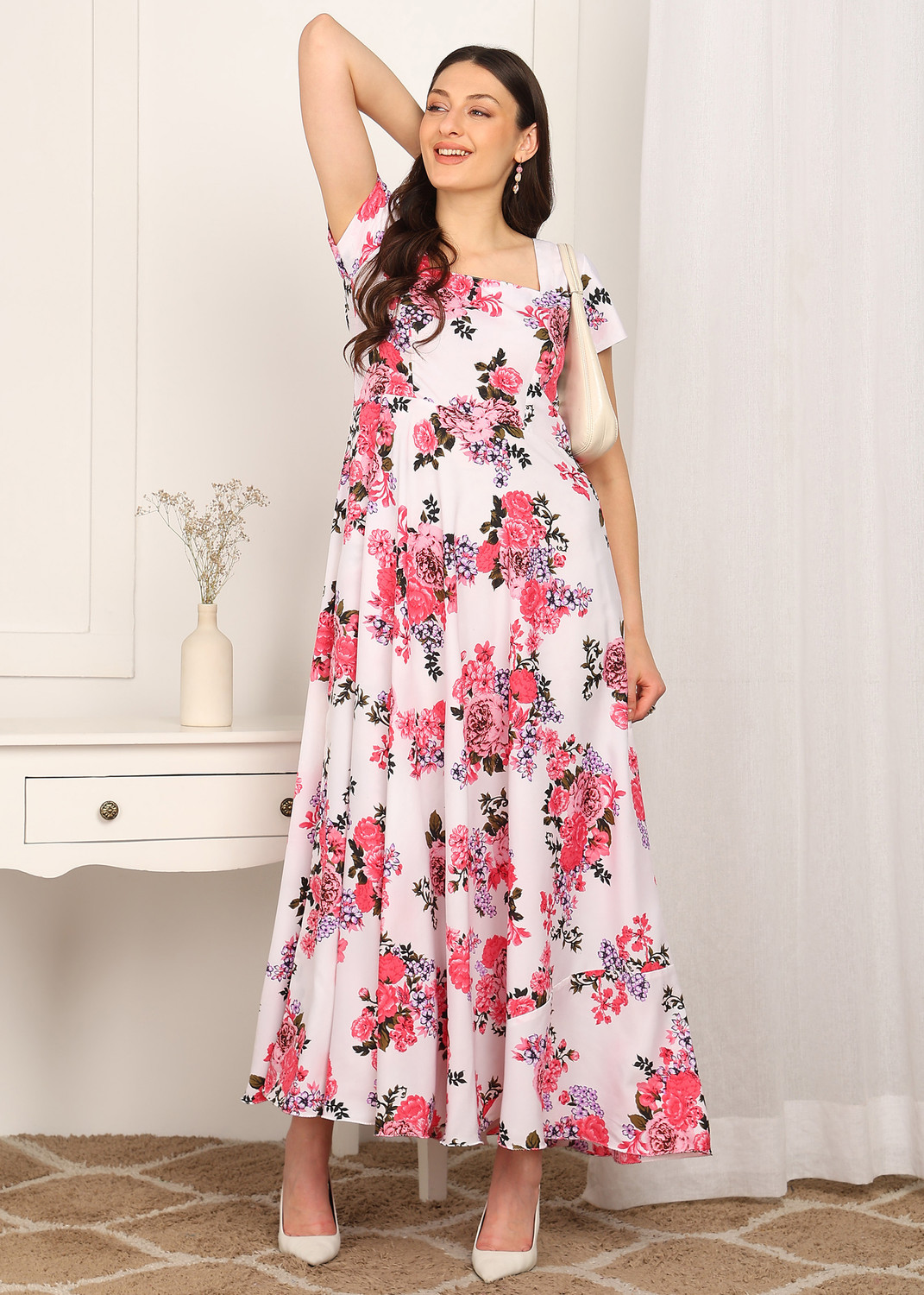 Image of ShopGlobal Women Fit and Flare White Maxi /Full Length Dress