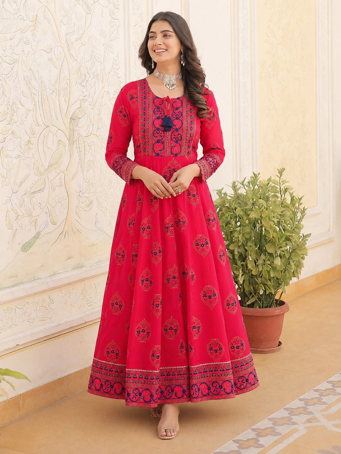 Image of SUNDAYKURTI Printed Cotton Blend Stitched Anarkali Gown (Maroon)