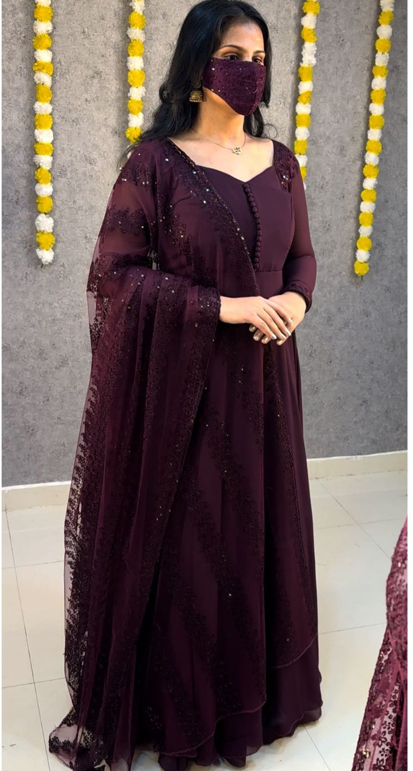 Image of jahanstylista Georgette Stitched Anarkali Gown (Maroon)